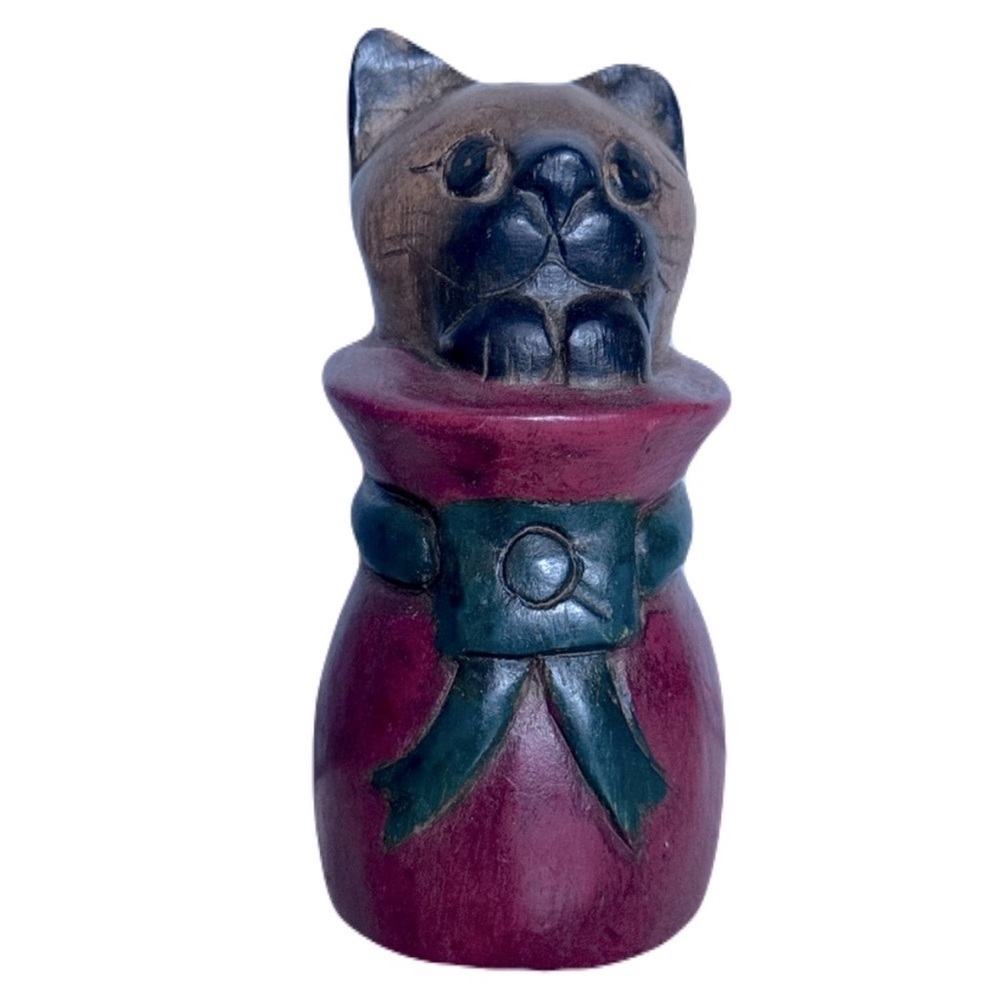 Wooden Carved Cat in Vase Figure Sculpture 6” Tall Cat Lovers Dream